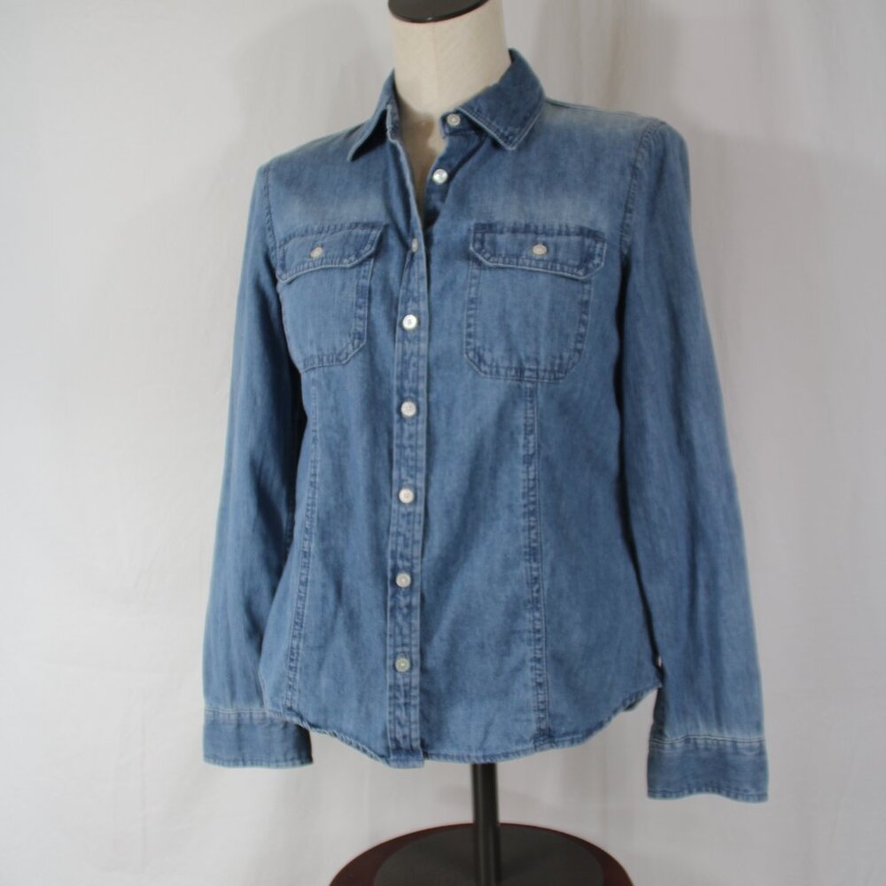 Talbots Denim Button Up Long Sleeve Shirt Size 6p Blue Pockets Collared